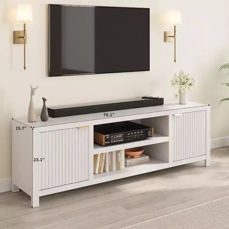 Meuble TV Acekool 70 moderne cannelé pour téléviseurs jusqu'à 80 pouces, console multimédia avec armoires de rangement, étagères réglables, centre de divertissement