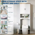 Meuble de rangement Acekool à poser au-dessus des toilettes, 60 x 21,5 x 168 cm, organisateur de salle de bain avec portes doubles, étagère réglable et étagère ouverte, bois composite
