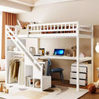 Lit mezzanine double/grand format avec bureau, bande lumineuse LED et deux commodes - ModernLuxe