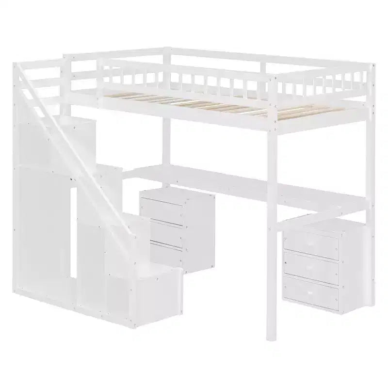 Lit mezzanine double/grand format avec bureau, bande lumineuse LED et deux commodes - ModernLuxe