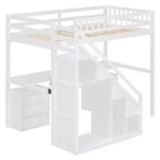 Lit mezzanine double/grand format avec bureau, bande lumineuse LED et deux commodes - ModernLuxe
