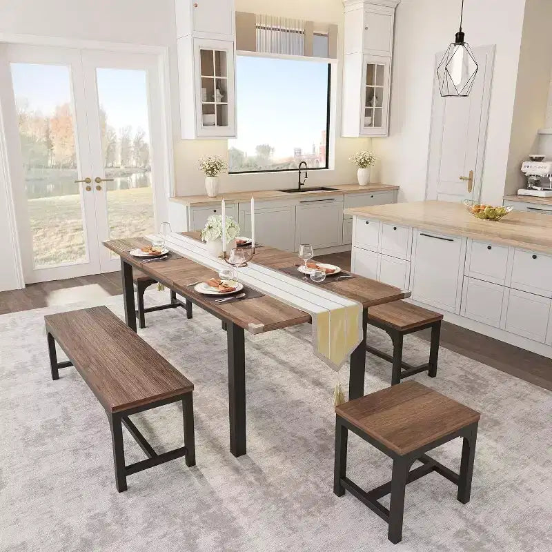 Ensemble de table à manger extensible pour 48 personnes avec bancs et tabourets, grande table de cuisine et de salle à manger en bois de 63 pouces