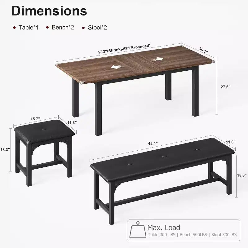Ensemble de table à manger extensible pour 48 personnes avec bancs et tabourets, grande table de cuisine et de salle à manger en bois de 63 pouces