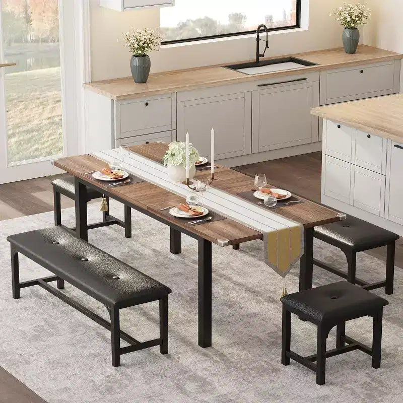 Ensemble de table à manger extensible pour 48 personnes avec bancs et tabourets, grande table de cuisine et de salle à manger en bois de 63 pouces