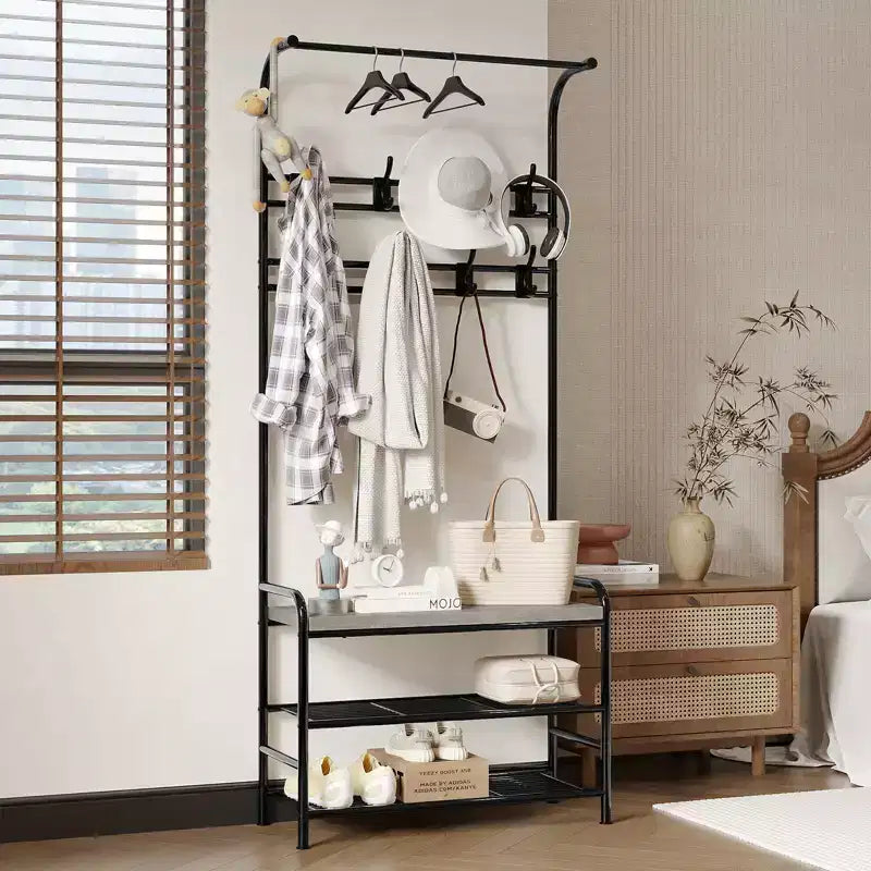 Banc à chaussures avec porte-manteau 4-en-1, banc de rangement pour entrée avec 8 crochets robustes, porte-manteau sur pied pour petits espaces, appartements, chambre à coucher