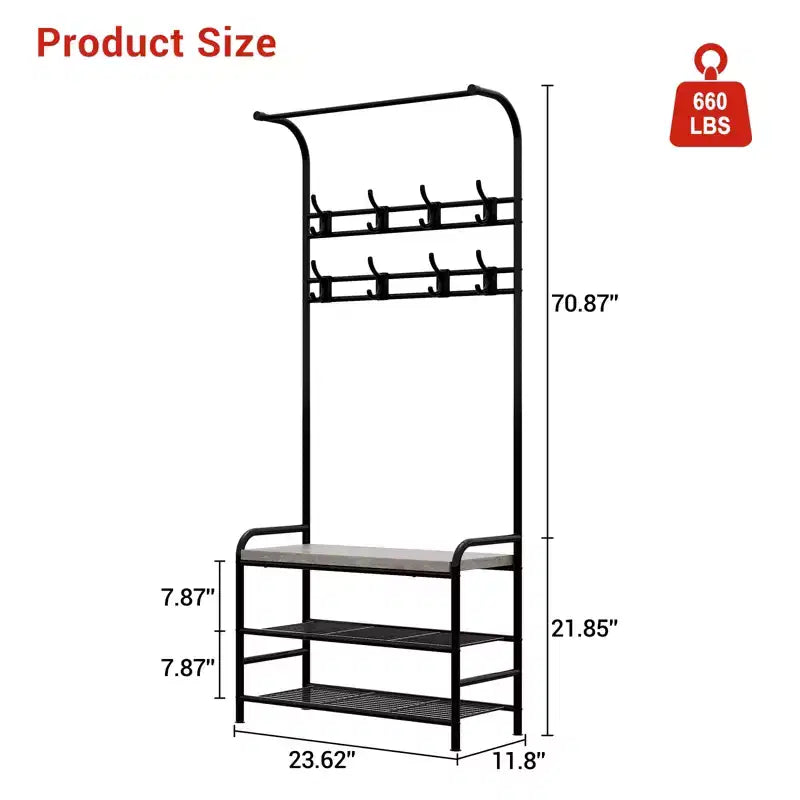 Banc à chaussures avec porte-manteau 4-en-1, banc de rangement pour entrée avec 8 crochets robustes, porte-manteau sur pied pour petits espaces, appartements, chambre à coucher