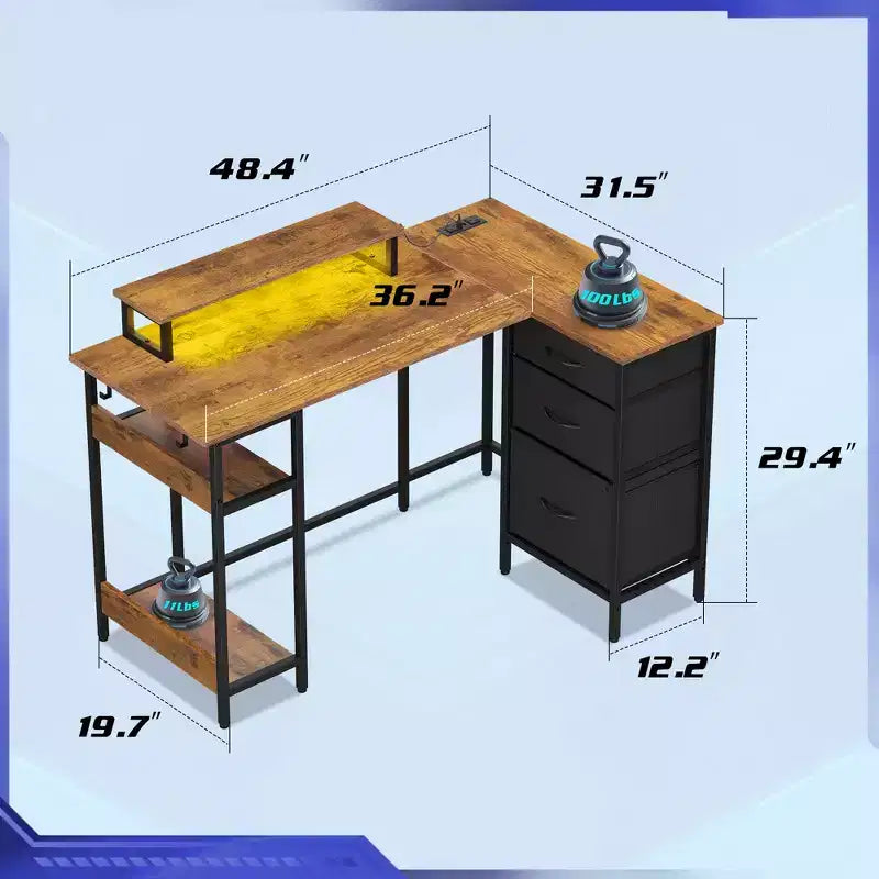 GALAXHERO Bureau Gamer en L de 120 cm, Bureau d'Angle Informatique avec Rangement, Prises de Courant et Lumières LED, Bureau de Travail/Gaming pour Chambre