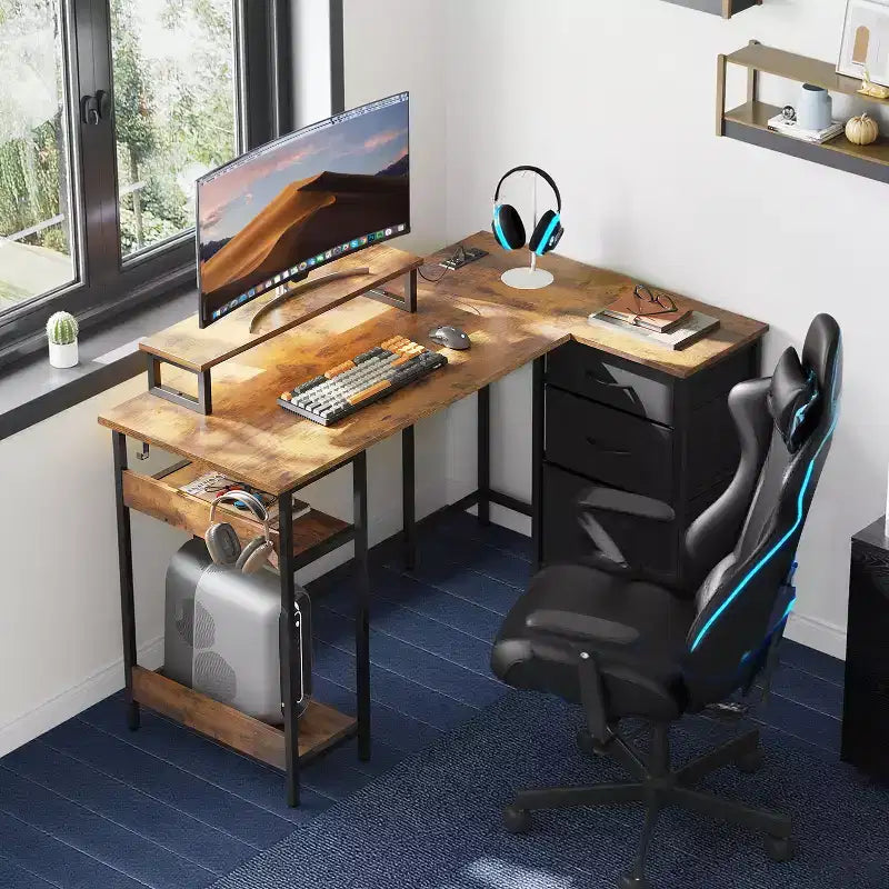 GALAXHERO Bureau Gamer en L de 120 cm, Bureau d'Angle Informatique avec Rangement, Prises de Courant et Lumières LED, Bureau de Travail/Gaming pour Chambre