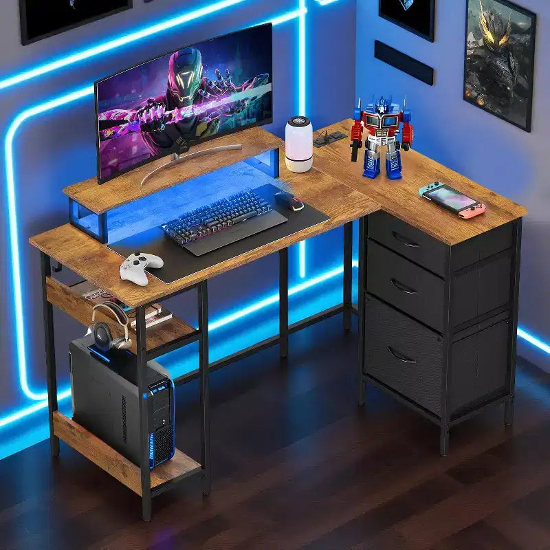GALAXHERO Bureau Gamer en L de 120 cm, Bureau d'Angle Informatique avec Rangement, Prises de Courant et Lumières LED, Bureau de Travail/Gaming pour Chambre