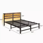 MAYEERTY Cadre de lit Queen Size en métal avec tête de lit en bois, étagère de chargement, silencieux, sans sommier tapissier, marron rustique