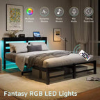 MAYEERTY Lit Queen Size Noir Métal Tête de lit en Bois Cadre de Lit Lumières RVB Chargeur Étagère de Rangement Silencieux Pas de Sommier Tapissier Nécessaire