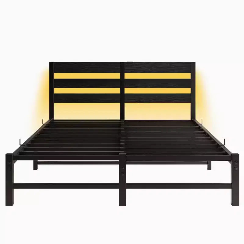 MAYEERTY Lit Queen Size Noir Métal Tête de lit en Bois Cadre de Lit Lumières RVB Chargeur Étagère de Rangement Silencieux Pas de Sommier Tapissier Nécessaire