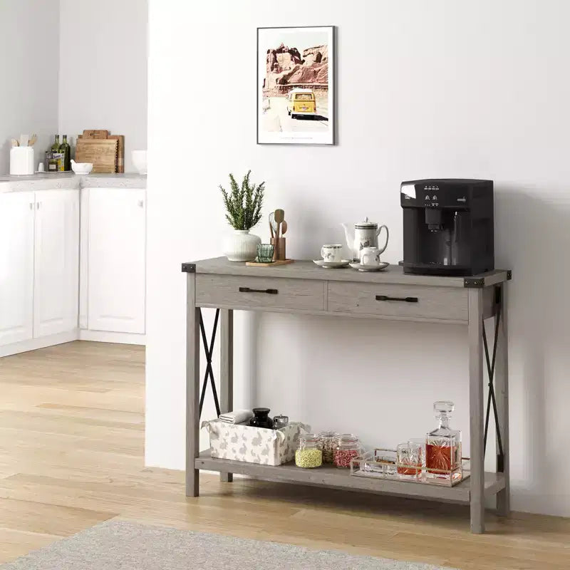 COZONY 43 Table console de ferme avec 2 tiroirs et étagère de rangement à 2 niveaux, table d'entrée et de canapé étroite en bois pour couloir et salon