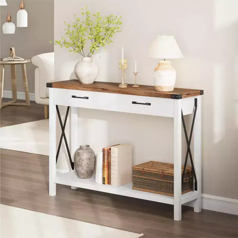 COZONY 43 Table console de ferme avec 2 tiroirs et étagère de rangement à 2 niveaux, table d'entrée et de canapé étroite en bois pour couloir et salon