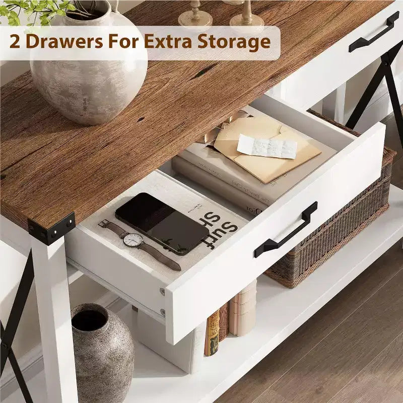 COZONY 43 Table console de ferme avec 2 tiroirs et étagère de rangement à 2 niveaux, table d'entrée et de canapé étroite en bois pour couloir et salon