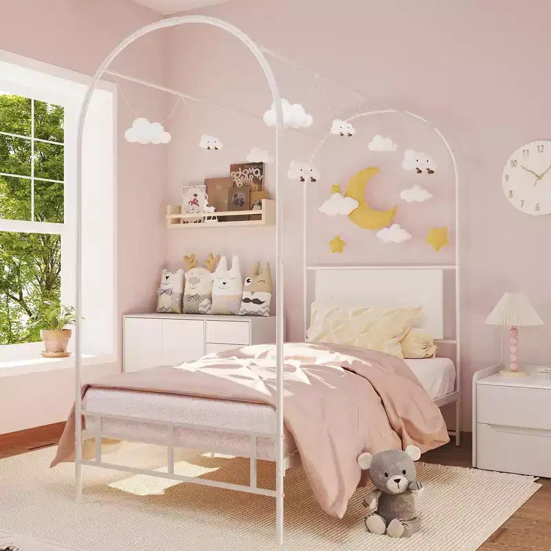 Cadre de lit à baldaquin avec tête de lit capitonnée, lit plateforme décoratif à arche supérieure, espace de rangement sous le lit, aucun sommier tapissier requis