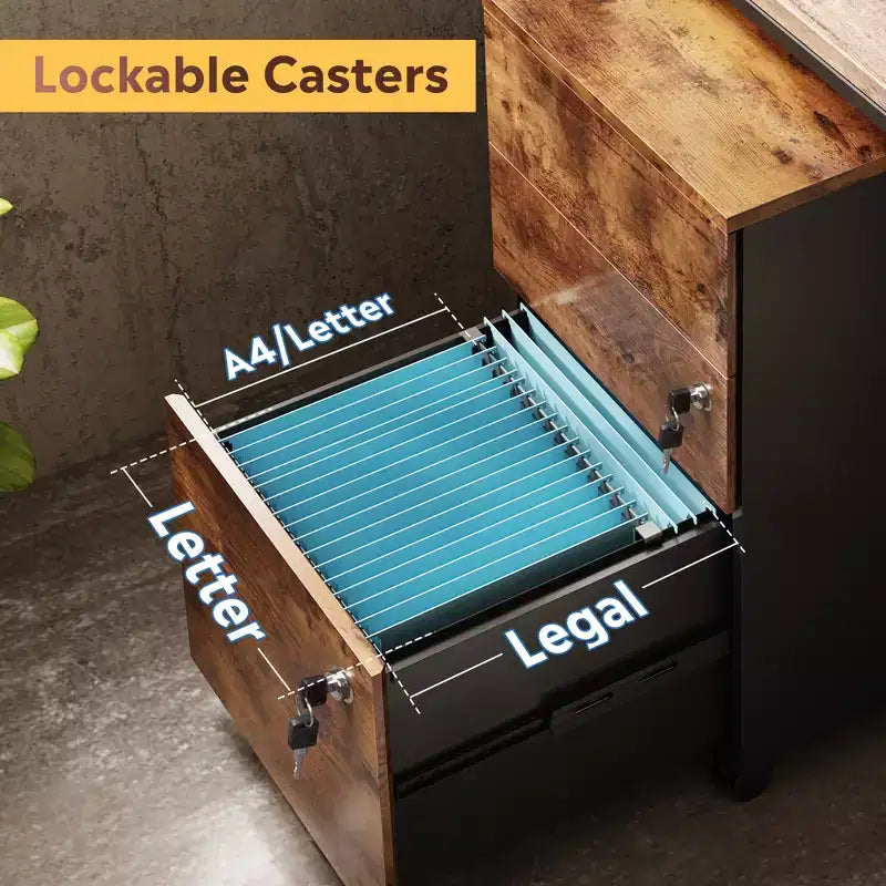 DEXYLLO Caisson de bureau roulant à 3 tiroirs avec serrure, meuble de rangement en bois sous le bureau pour la maison ou le bureau, convient aux documents de format Lettre/Légal/A4