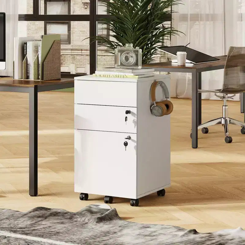 DEXYLLO Caisson de bureau roulant à 3 tiroirs avec serrure, meuble de rangement en bois sous le bureau pour la maison ou le bureau, convient aux documents de format Lettre/Légal/A4