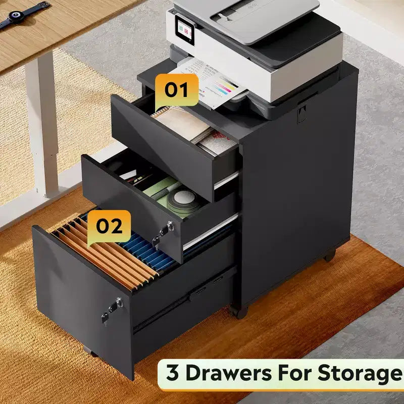 DEXYLLO Caisson de bureau roulant à 3 tiroirs avec serrure, meuble de rangement en bois sous le bureau pour la maison ou le bureau, convient aux documents de format Lettre/Légal/A4