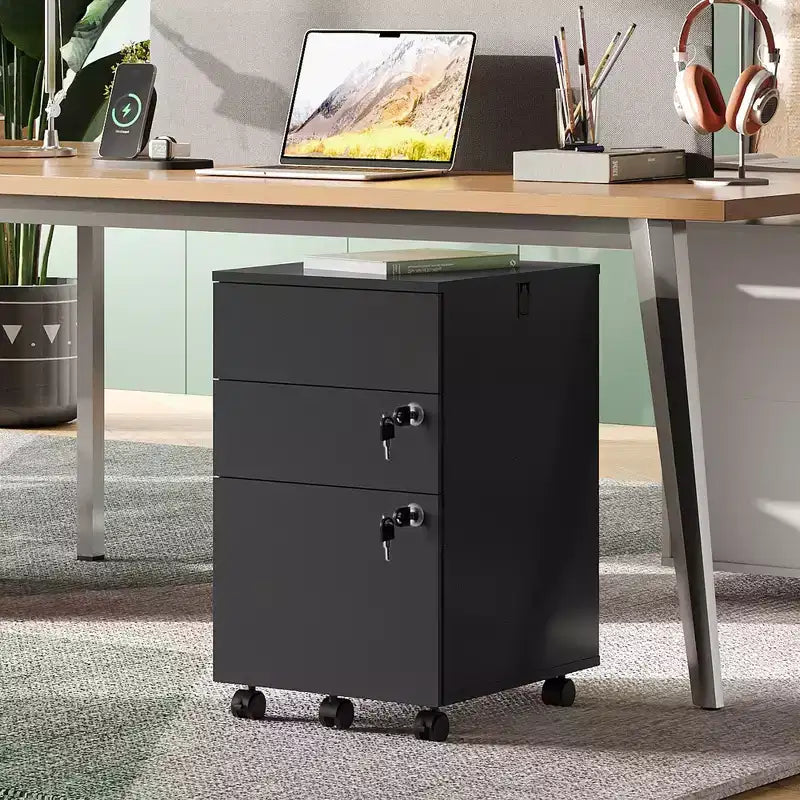 DEXYLLO Caisson de bureau roulant à 3 tiroirs avec serrure, meuble de rangement en bois sous le bureau pour la maison ou le bureau, convient aux documents de format Lettre/Légal/A4
