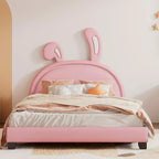 Full Size Upholstered Leather Platform Bed with Ears Headboard Bed Frame with Rabbit Ornament for Kids Pink