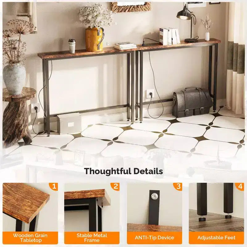 Console de couloir 2 pièces marron rouille en mélamine et fer avec multiprise