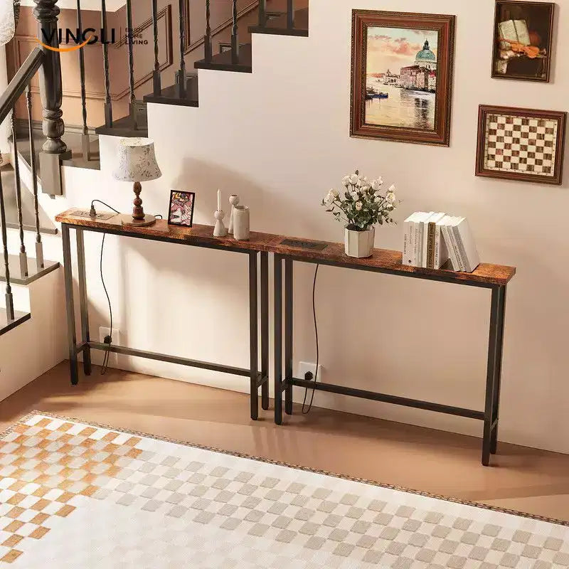Console de couloir 2 pièces marron rouille en mélamine et fer avec multiprise