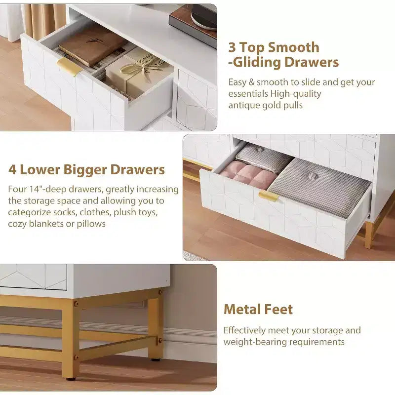 Commode à 7 tiroirs de 136 cm avec pieds en métal, organiseur de rangement moderne pour chambre à coucher, salon, entrée