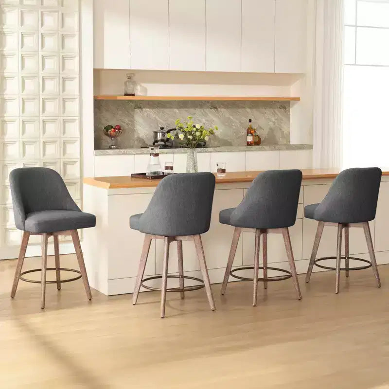 Lot de 4 tabourets de bar pivotants Bekrvio de 66 cm avec dossiers et pieds en bois, tabourets de bar rembourrés en tissu lin/cuir PU pour îlot de cuisine
