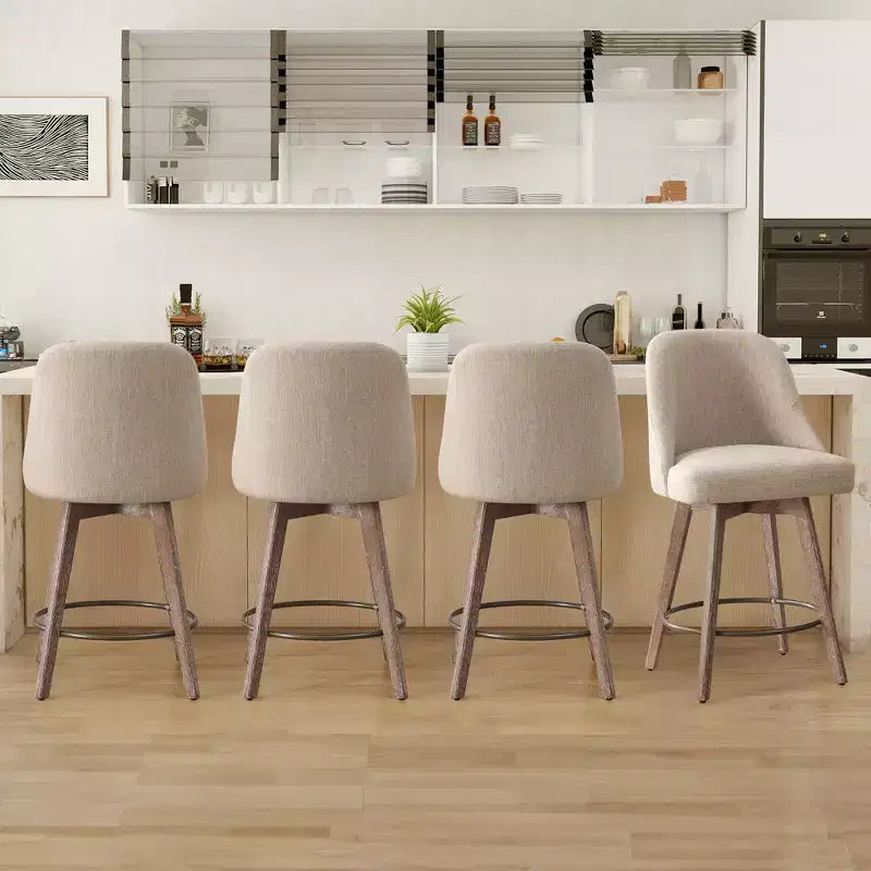 Lot de 4 tabourets de bar pivotants Bekrvio de 66 cm avec dossiers et pieds en bois, tabourets de bar rembourrés en tissu lin/cuir PU pour îlot de cuisine