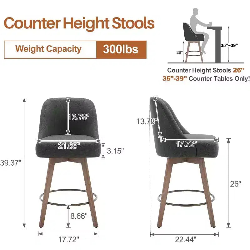 Lot de 4 tabourets de bar pivotants Bekrvio de 66 cm avec dossiers et pieds en bois, tabourets de bar rembourrés en tissu lin/cuir PU pour îlot de cuisine