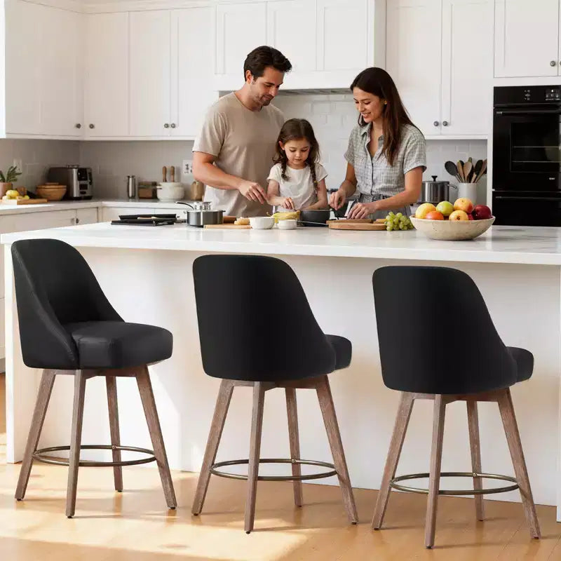 Lot de 4 tabourets de bar pivotants Bekrvio de 66 cm avec dossiers et pieds en bois, tabourets de bar rembourrés en tissu lin/cuir PU pour îlot de cuisine