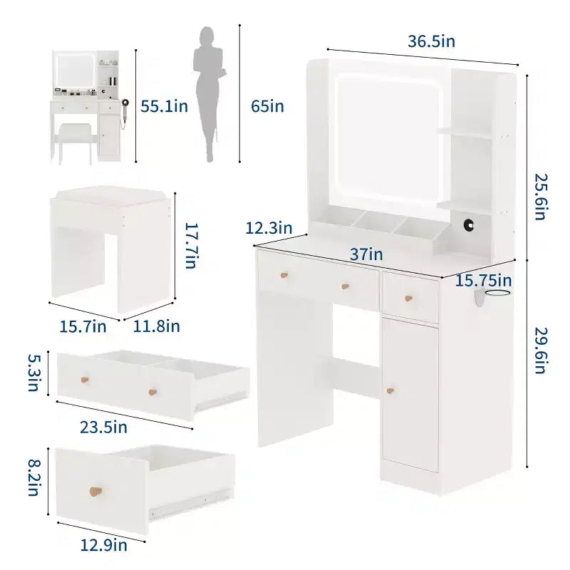 Coiffeuse avec miroir, grande table de maquillage de 94 cm avec tiroirs et tabouret, coiffeuse moderne pour petite chambre à coucher