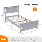 VINGLI Cadre de lit jumeau en bois massif, lit plateforme, lit simple avec tête de lit, pas besoin de sommier tapissier, support à lattes en bois, gris