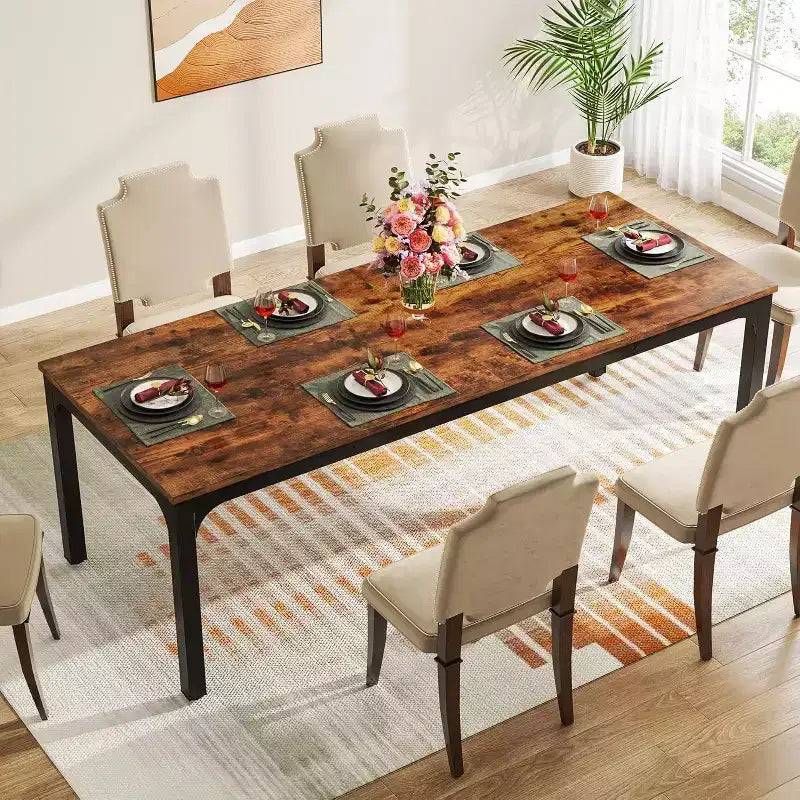 Grande table de collaboration rectangulaire en bois Okak Farmhouse, longue table de salle à manger moderne pour salle à manger, coin petit-déjeuner
