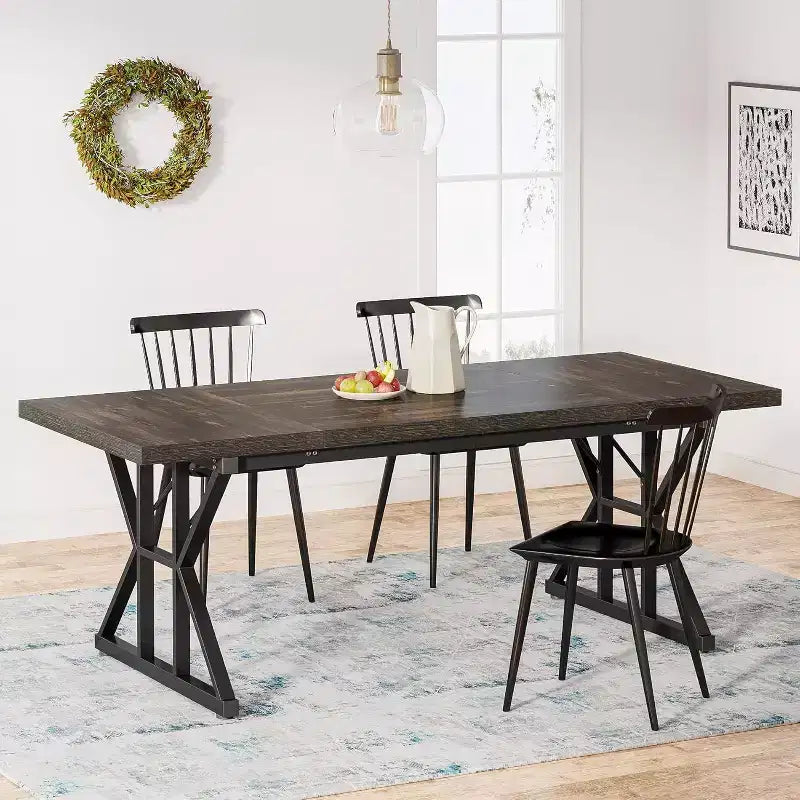 Grande table à manger rectangulaire Okak en bois rustique avec pieds métalliques en X, longue table de cuisine moderne pour salle à manger, repas de famille