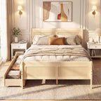 Cadre de lit double Costway avec 2 tiroirs de rangement Lit plateforme en bois avec tête de lit Beige/Blanc