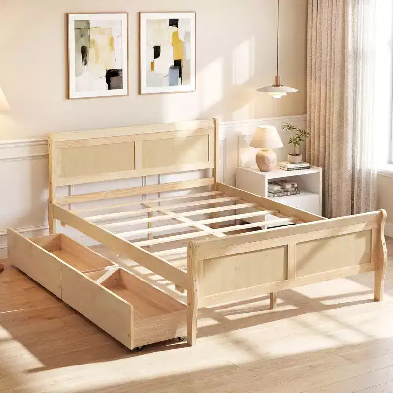 Cadre de lit double Costway avec 2 tiroirs de rangement Lit plateforme en bois avec tête de lit Beige/Blanc