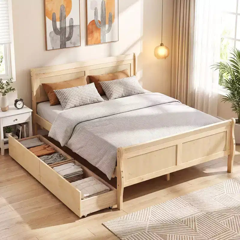Cadre de lit double Costway avec 2 tiroirs de rangement Lit plateforme en bois avec tête de lit Beige/Blanc