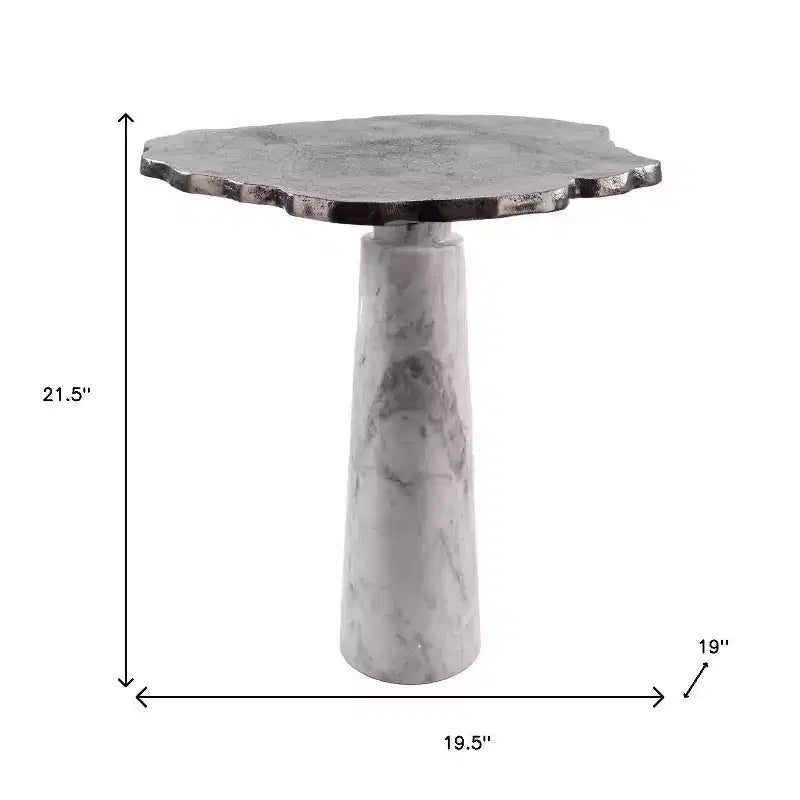 HomeRoots 22 Table d'appoint piédestal en aluminium et marbre argent et blanc