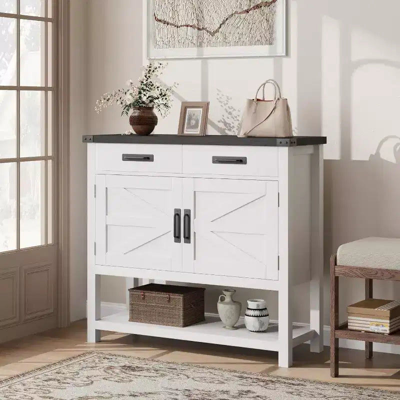 Table d'entrée de ferme avec armoire à 2 portes et 2 tiroirs, console en bois avec rangement, meuble bar à café, buffet pour la maison