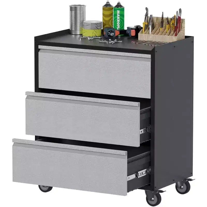 Armoire de rangement métallique à 3 tiroirs sur roulettes, Chariot à outils roulant robuste, Servante d'atelier mobile pour Garage, Atelier, Maison, Bureau, Gris