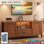 Meuble TV pour téléviseur de 65 pouces, meuble de divertissement avec lumières LED, console TV avec 2 rangements et 1 tiroir, meuble TV rétro en forme de V pour salon
