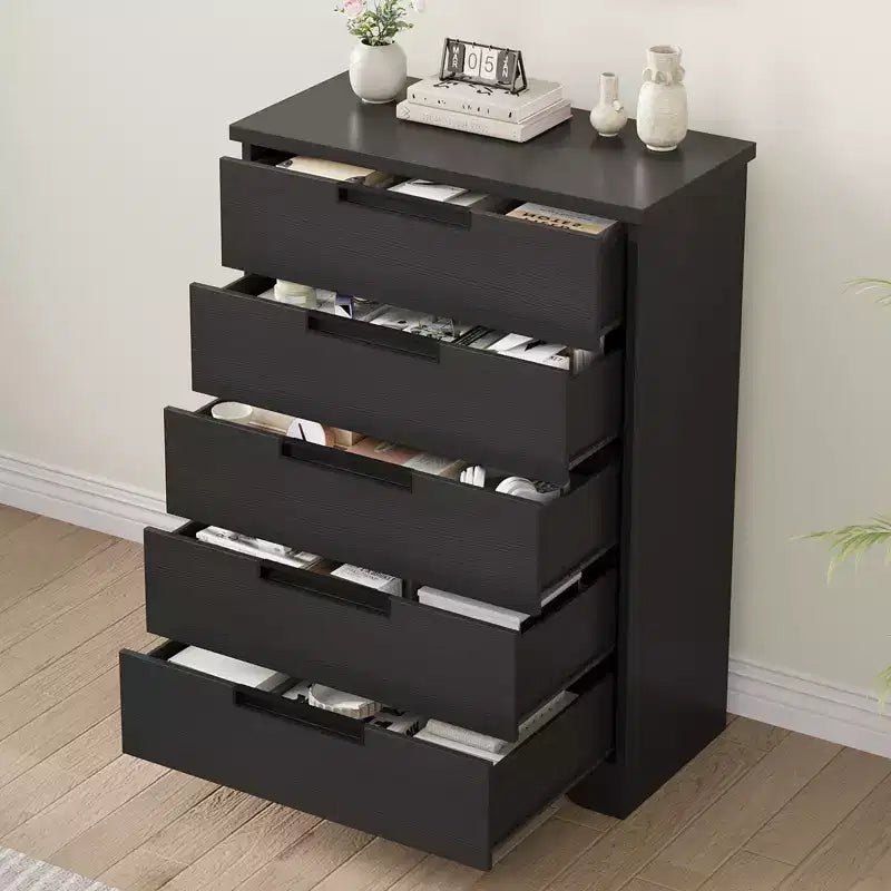 Commode à 5 tiroirs pour chambre à coucher, table de chevet noire avec poignées encastrées, organiseur de commode en bois pour salon, chambre d'enfant, entrée