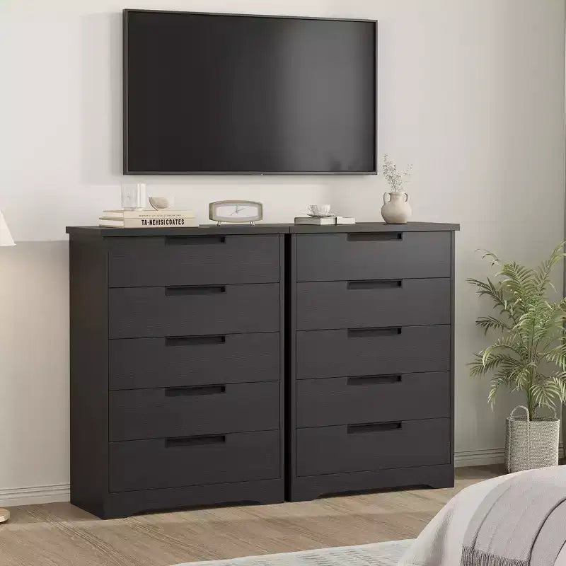 Commode à 5 tiroirs pour chambre à coucher, table de chevet noire avec poignées encastrées, organiseur de commode en bois pour salon, chambre d'enfant, entrée