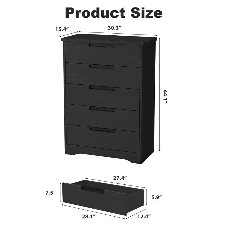 Commode à 5 tiroirs pour chambre à coucher, table de chevet noire avec poignées encastrées, organiseur de commode en bois pour salon, chambre d'enfant, entrée