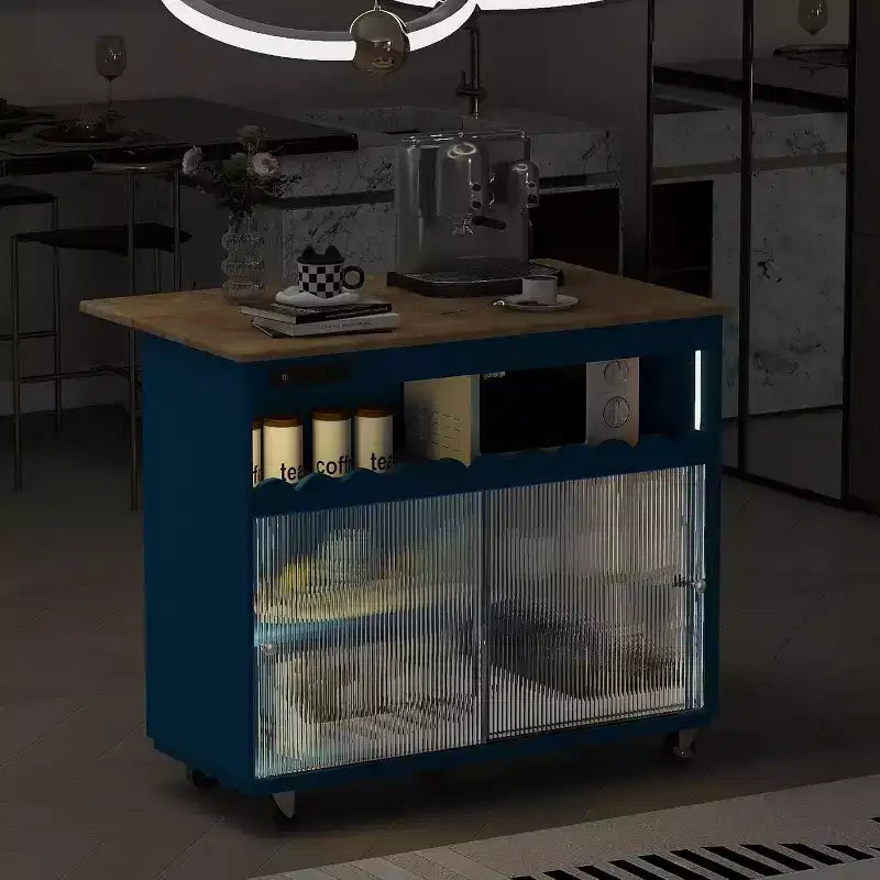 Îlot de cuisine roulant Acekool avec portes coulissantes en verre cannelé, éclairage d'ambiance, comptoir en bois d'hévéa, prises électriques, bleu gris