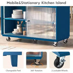 Îlot de cuisine roulant Acekool avec portes coulissantes en verre cannelé, éclairage d'ambiance, comptoir en bois d'hévéa, prises électriques, bleu gris