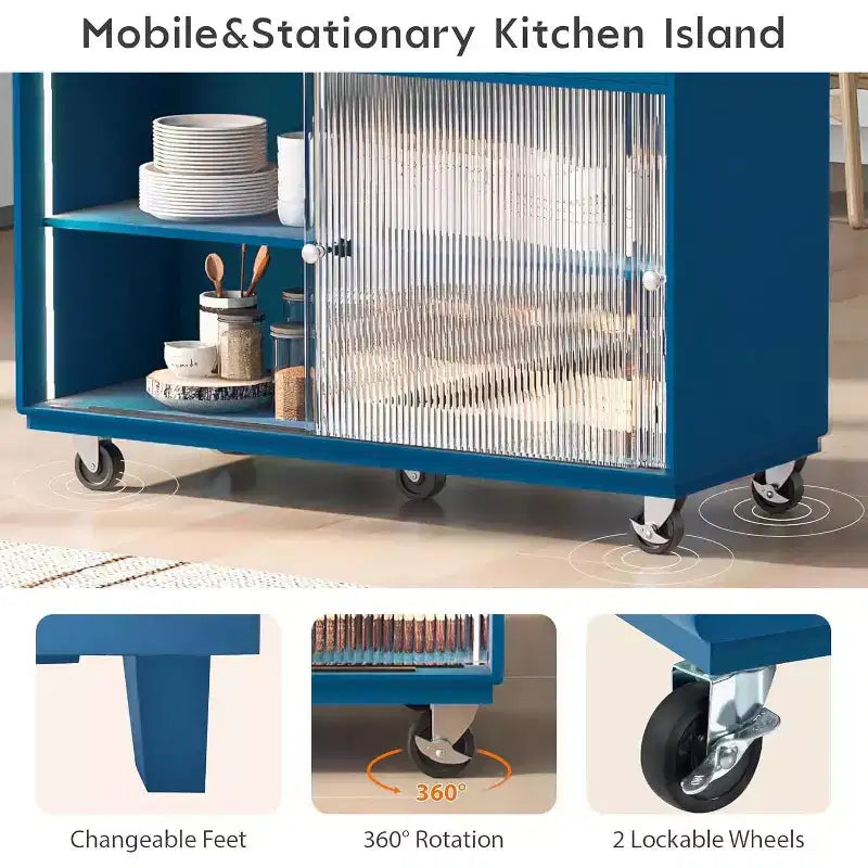 Îlot de cuisine roulant Acekool avec portes coulissantes en verre cannelé, éclairage d'ambiance, comptoir en bois d'hévéa, prises électriques, bleu gris