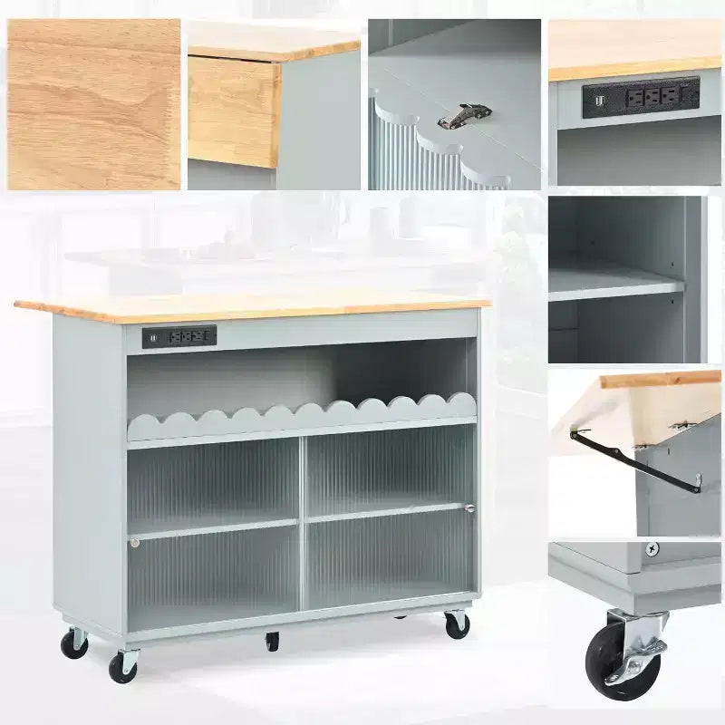 Îlot de cuisine roulant Acekool avec portes coulissantes en verre cannelé, éclairage d'ambiance, comptoir en bois d'hévéa, prises électriques, bleu gris